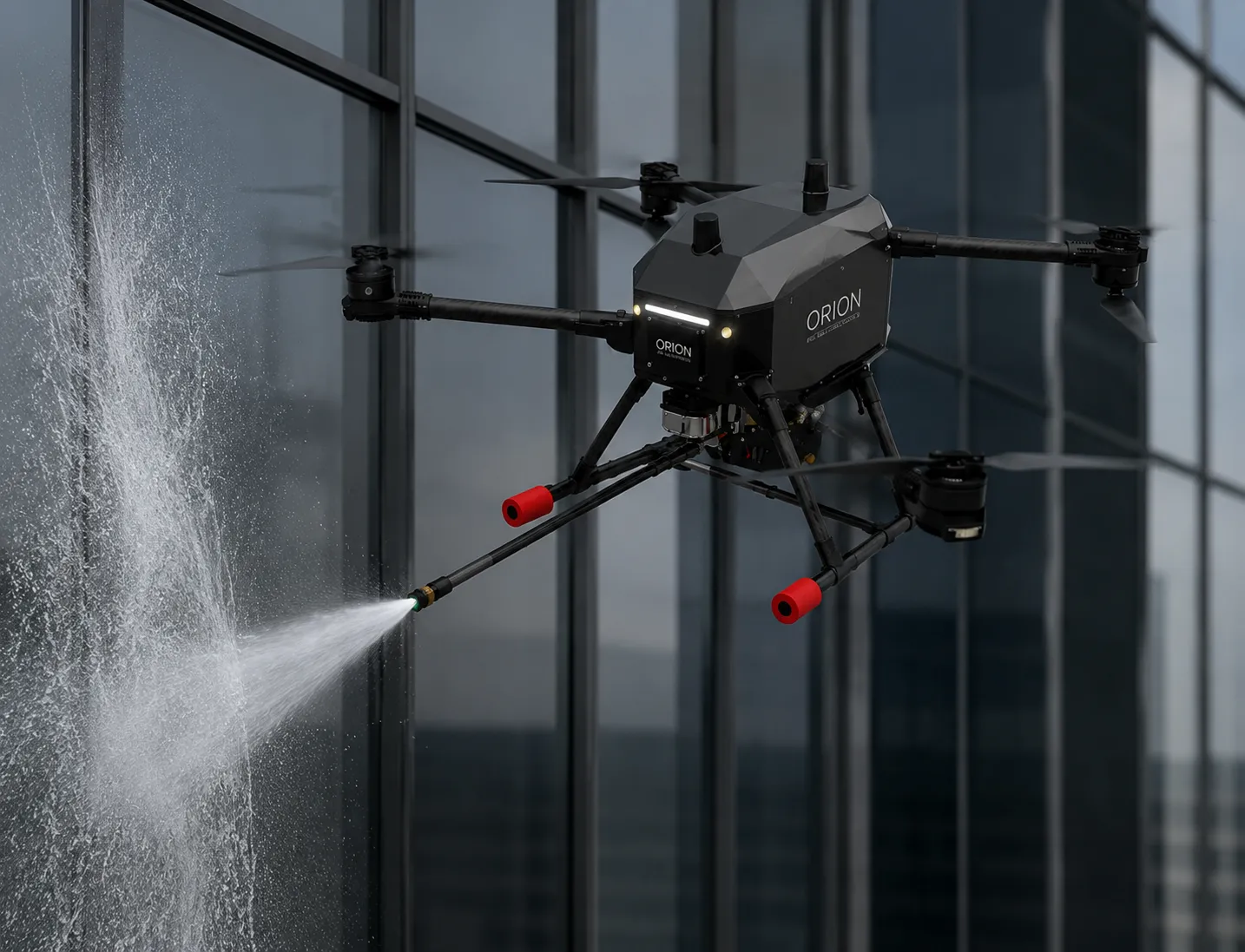 Drone cleaning a high-rise building façade