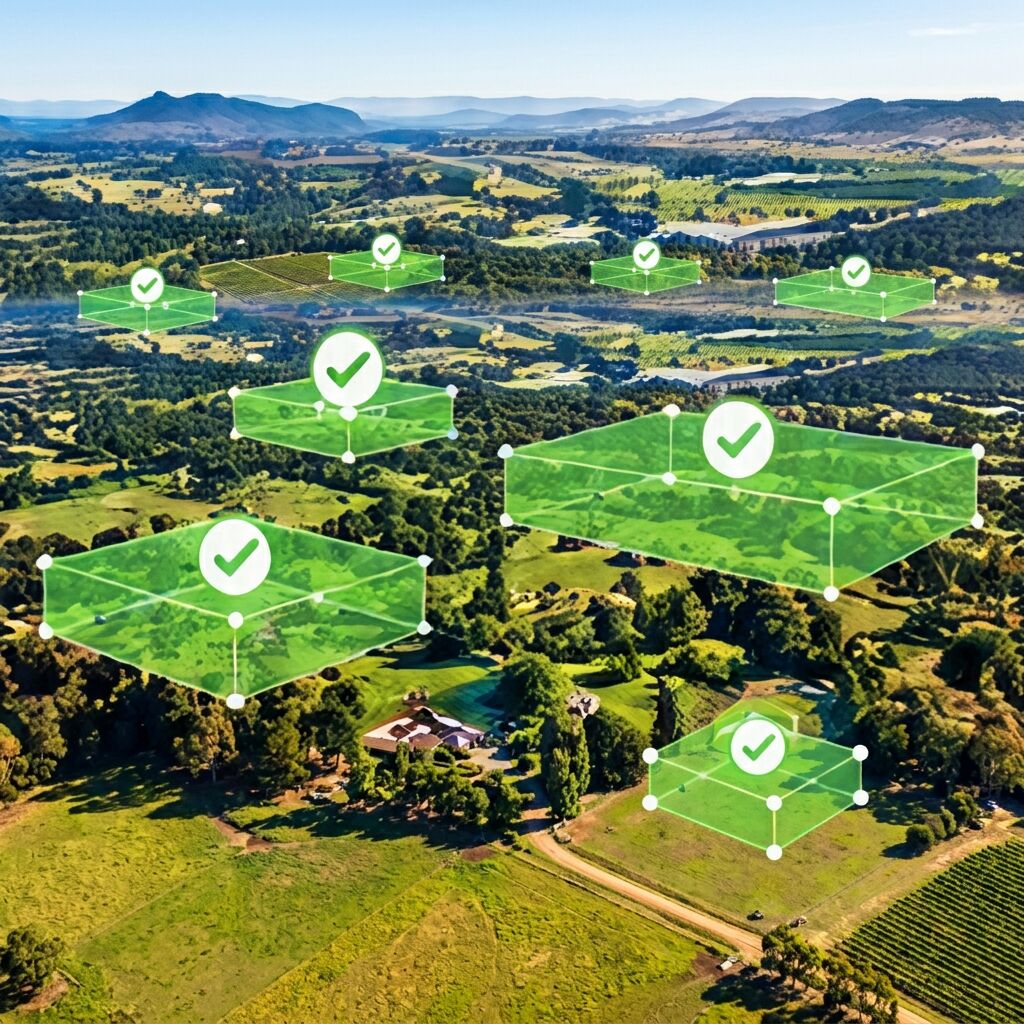 Several green operating volumes with ticks across a landscape, representing a broad-area approval