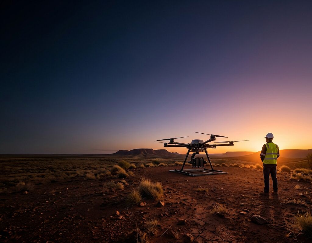 Drone and remote pilot silhouetted at an outback sunset