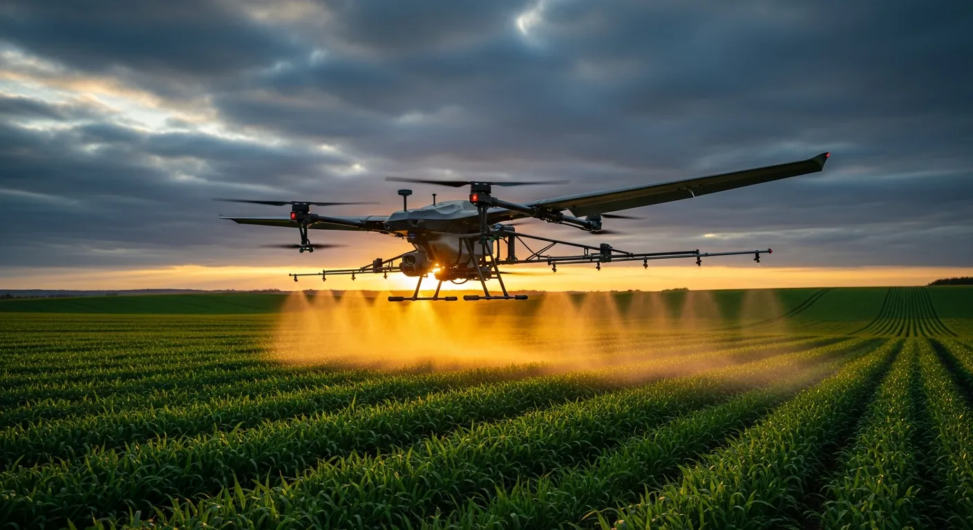 XAG agricultural spraying drone flying low over a green crop field at dusk