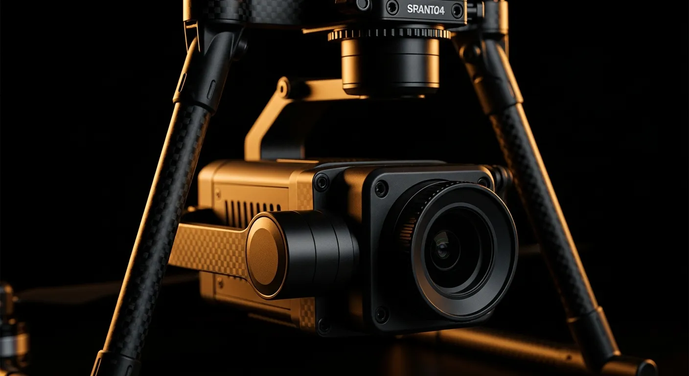 Close-up of a professional drone gimbal camera and carbon-fibre airframe
