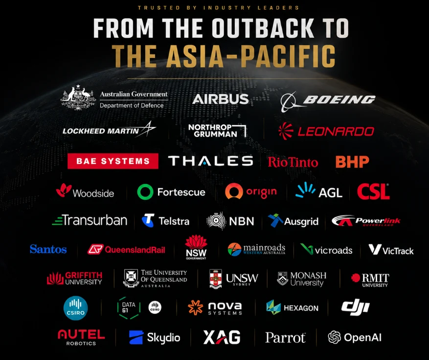 Trusted by industry leaders from the outback to the Asia-Pacific — government, defence, aerospace, resources, utilities, universities and technology partners including the Australian Department of Defence, Airbus, Boeing, Lockheed Martin, Thales, Rio Tinto, BHP, Telstra, CSIRO and DJI