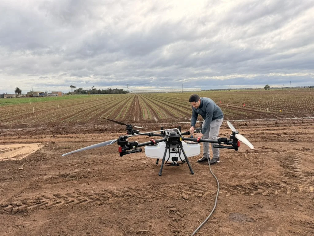 Preparing an XAG agricultural drone beside crop rows before field operations